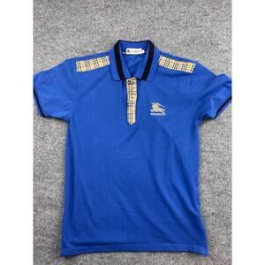 Vintage Burberry Brit Men’s Pique Polo Shirt Sz M Blue Plaid Placket